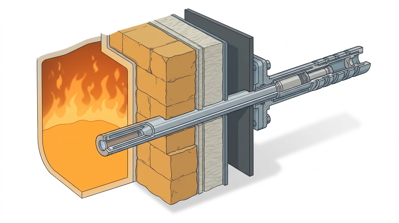 Cross-section of a kiln camera probe passing through refractory, insulation, steel shell and mounting flange Cross-section of a kiln camera probe passing through refractory, insulation, steel shell and mounting flange